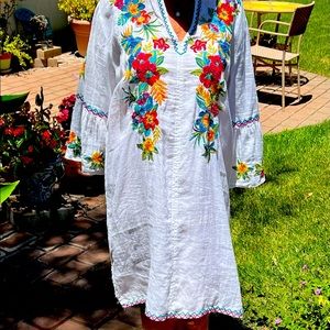 Beautiful Summer Cotton Ramie Johnny Was V Neck Tropical Shift Dress, Size Large